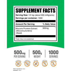 Bulksupplements.Com Mucuna Pruriens Extract Powder - Mucuna Pruriens Supplements, Herbal Supplement - Vegan & Gluten Free, 500Mg per Serving, 500G (1.1 Lbs) (Pack of 1)