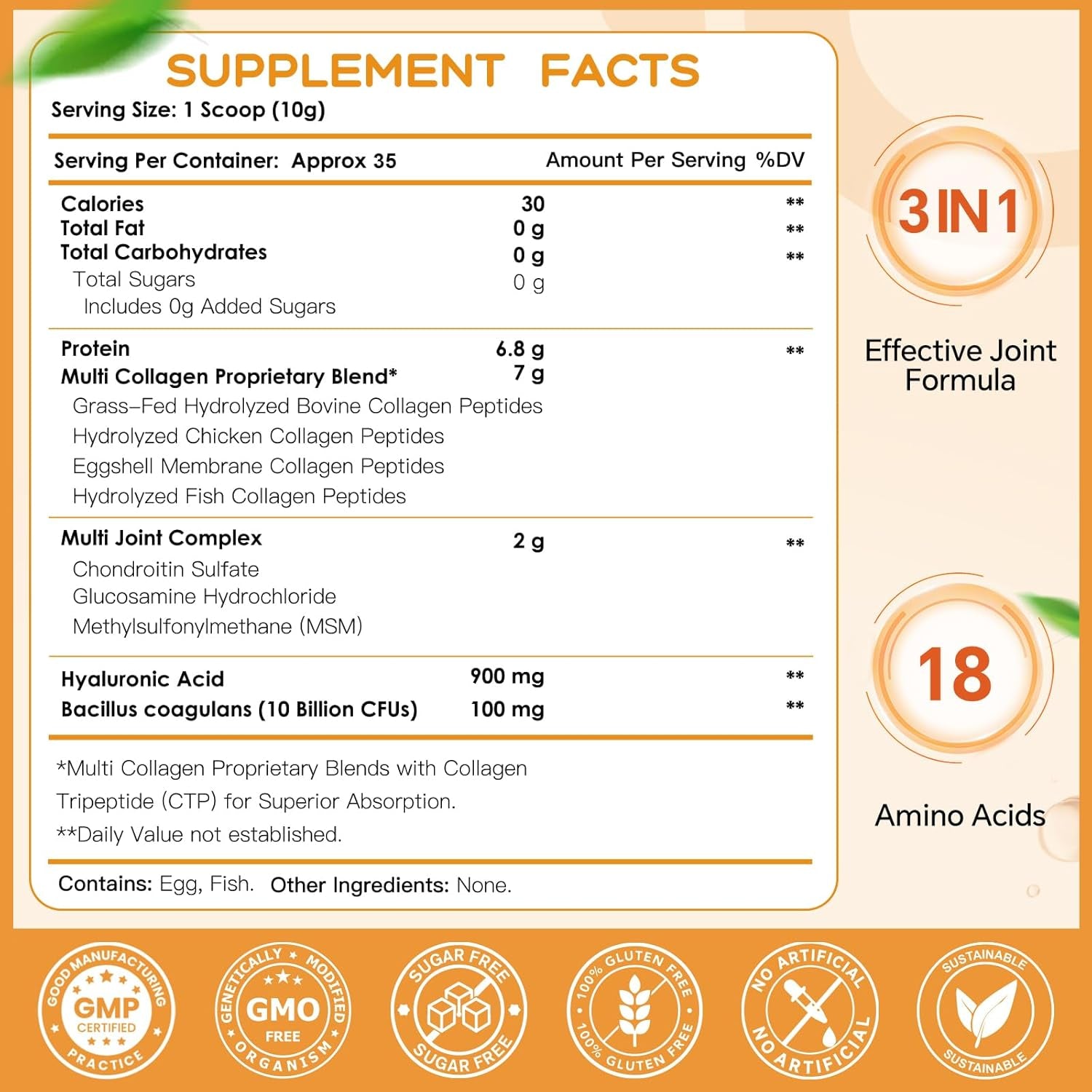 NATURE TARGET Multi-Collagen-Peptides-Powder for Joint Support, Hydrolyzed Collagen for Women Men with MSM + GC, Type I II III V X Collagen for Skin Hair & Nail, Non-Gmo, 35 Servings