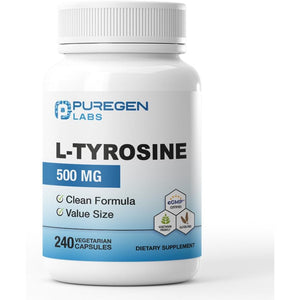 Puregen Labs L-Tyrosine 500 Mg, 240 Vegetable Capsules | No Harmful Additives | Non-Gmo, Vegan, Gluten Free, Dairy Free - 240 Servings