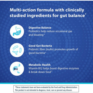 Florastor Prebiotic and Probiotic Gummies, Digestive and Metabolic Support Probiotic Blend for Multi-Action Digestive Health Care, with Vitamin B12, 56 Gummies