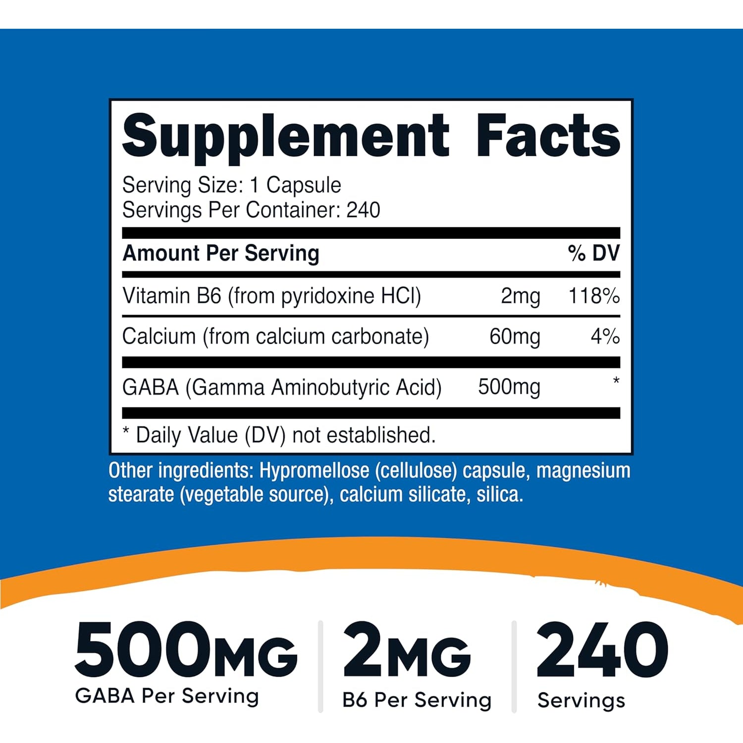 Nutricost GABA (Gamma Aminobutyric Acid) + Vitamin B6, 500Mg per Serving, 240 Capsules