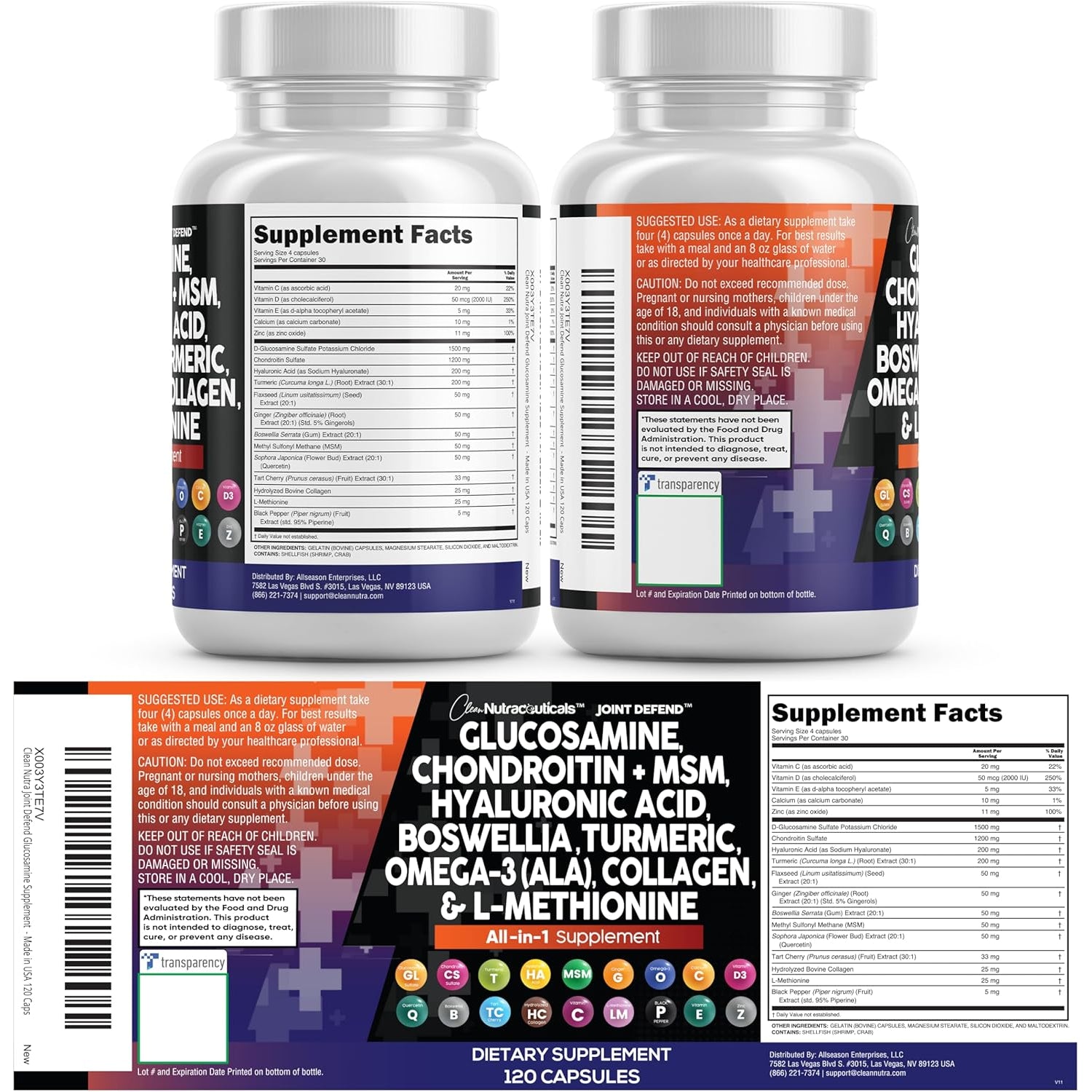Clean Nutraceuticals Glucosamine 1500Mg Chondroitin 1200Mg MSM with Turmeric Curcumin, Collagen, Hyaluronic Acid, Omega 3 – Joint Health Supplement for Men & Women – Joint Complex – 120 Count