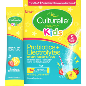 Culturelle® Kids Probiotics and Electrolytes Hydration Super Duo, Strawberry Lemonade, Sugar Free‡ Powder Packets for Immune and Digestive Support, 30 Count