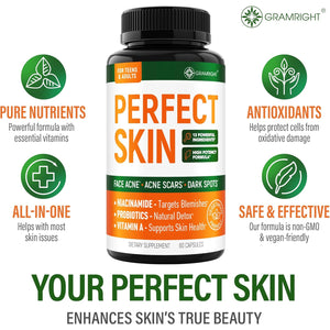 Perfect Skin Acne Pills - Clear Skin Supplement with Niacinamide, Probiotic, Zinc & Vitamin a - anti Acne Vitamins for Teens, Men & Women - Support for Face & Back Acne, Acne Scars - 60 Capsules