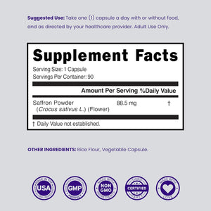 Saffron Supplements for Mood, Energy & Vision Support (3 Month Supply) Pure Saffron Extract 88.5Mg per Serving - Vegan Safe, Gluten Free, Third Party Tested & Non GMO - USA Made (90 Veggie Capsules)