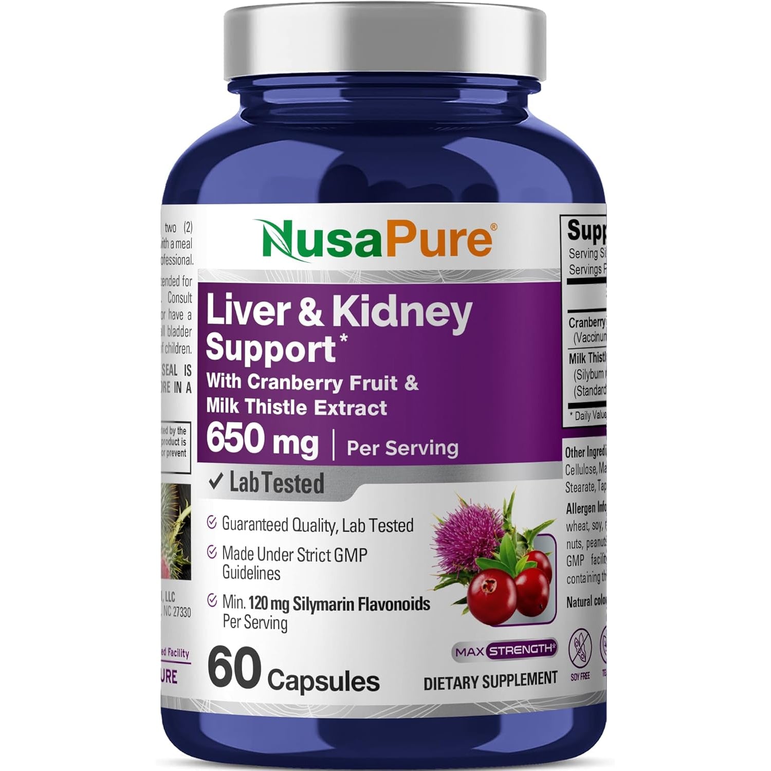 Nusapure Liver & Kidney Support with Cranberry Fruit & Milk Thistle Extract 650 Mg 60 Capsules Non-Gmo Soyfree Dietary Supplement