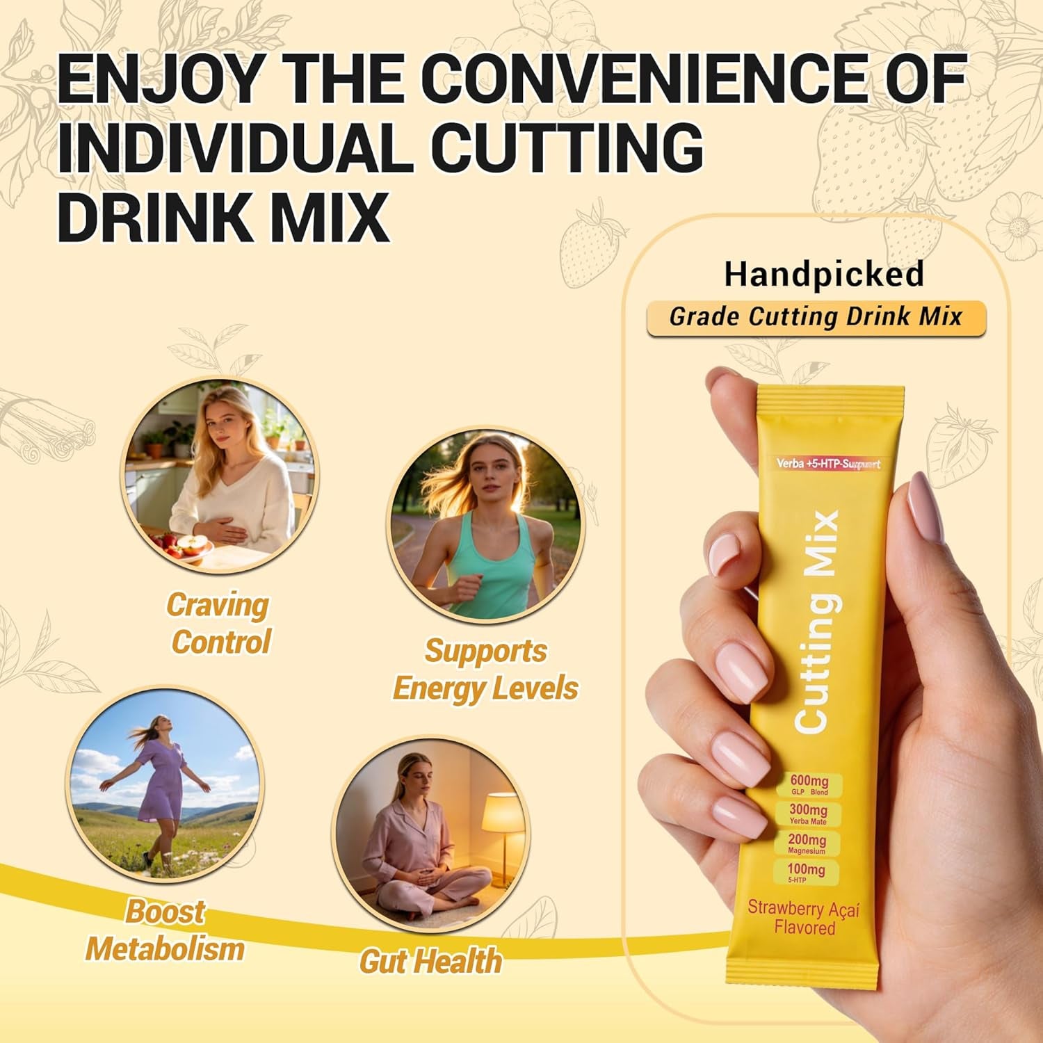 Cutting Drink Mix – Supports Digestive Health, Satiety, and Natural Energy with 5-HTP, Berberine, Cinnamon, Chromium, Yerba Mate, FOS - Strawberry Açaí Flavor - 30 Servings