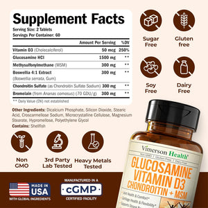 Vitamin D3 2000IU & Glucosamine Chondroitin – Daily Joint Support Supplement for Hair Skin Nails, Bone Health & Comfort with Boswellia Extract, Bromelain, Glucosamine Sulfate – FSA Eligible 120 Tabs