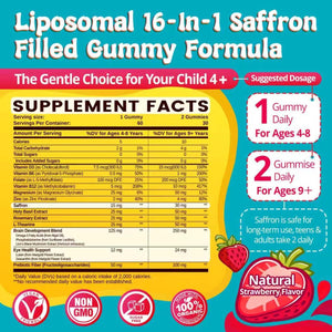 Duwhot Saffron for Kids Gummies Sugar Free, Saffron Magnesium Supplement W/Holy Basil, Rosemary, Omega-3 & Vitamins for Happy Kids, Brain, Energy & Vision Support, Vegan, Organic, 60 Chewables