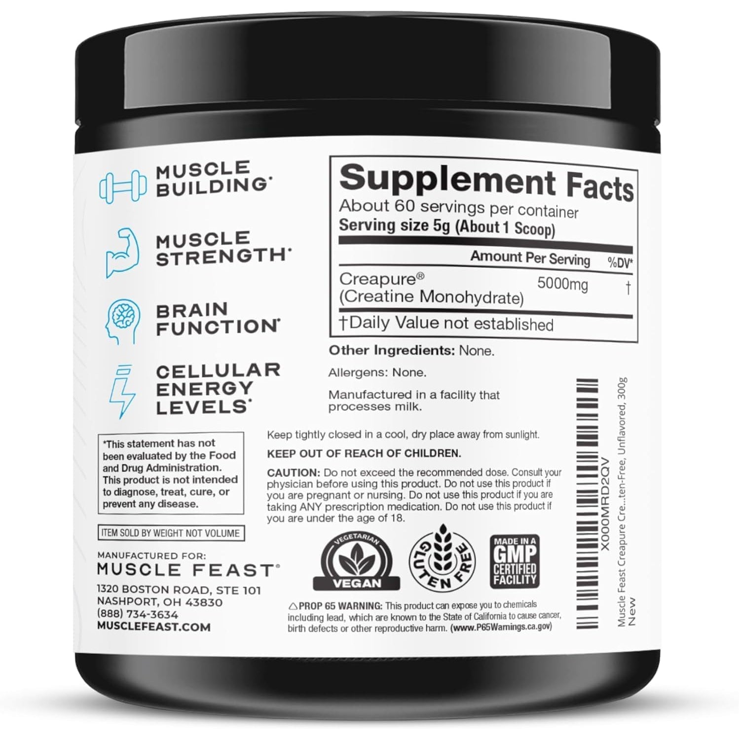 Muscle Feast Creapure Creatine Monohydrate Powder, Vegan Keto Friendly Gluten-Free, Mass Gainer, Muscle Recovery Supplement and Trusted Creatine for Muscle Growth, Creatine Powder, Unflavored, 300G