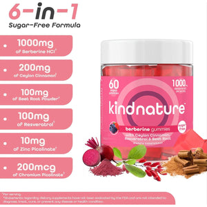 Kindnature Berberine Gummies 1000Mg with Ceylon Cinnamon & Resveratrol – 6-In-1 Blood Sugar Support Supplement – Metabolism & Weight Wellness – Sugar-Free, Vegan, Non-Gmo