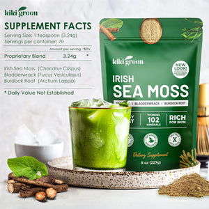 KIKI Green Irish Sea Moss Powder 8 Oz - with Bladderwrack Burdock Root Extract for Immune Support - Keto, Vegan Supplement