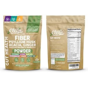 Gutresto Fiber Supplement Psyllium Husk Powder Probiotic Gut Health Digestive Enzymes Prebiotic L-Glutamine Slippery Elm Aloe Vera Marshmallow Root Turmeric Ginger Peppermint by Clean Nutra 30 Svgs