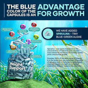 Height & Bone Support Supplement - Premium Height Growth Supplement for Kids & Teens with Calcium - Nutritional Support Bone Health Formula - Height Increase Essential Vitamins - 60 Caps