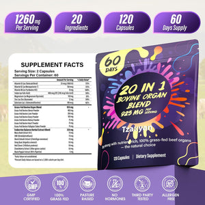 20-In-1 Beef Organ Supplement for Women, 925MG Grass Fed Beef Liver, Uterus, Ovary & 3 More with Maca, DIM, Black Cohosh, Vitamin & Mineral, Bovine Organ Capsules for Hormone Balance, Energy, 60 Days
