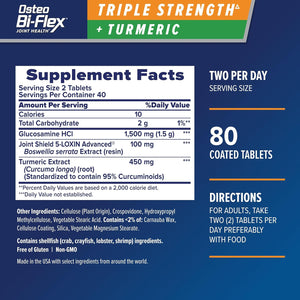 Osteo Bi-Flex Triple Strength Glucosamine Supplement with Turmeric Extract, Improve Joint Function, Antioxidant Power, 80 Coated Tablets