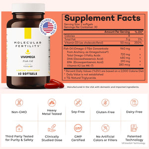 VIVOMEGA Fish Oil with Vesisorb® - Fertility Supplement for Women & Men - Doctor Formulated EPA DHA Omega 3 Fatty Acids, Vitamin D3 K2 for Reproductive Wellness - 60 Softgels