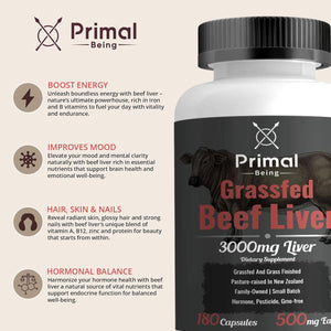 Primal Being Grassfed Beef Liver - 3000Mg Freeze Dried Capsules - Pasture Raised in New Zealand - Natural Beef Organ Supplement - Liver Supplement for Energy and Wellness - 180 Count