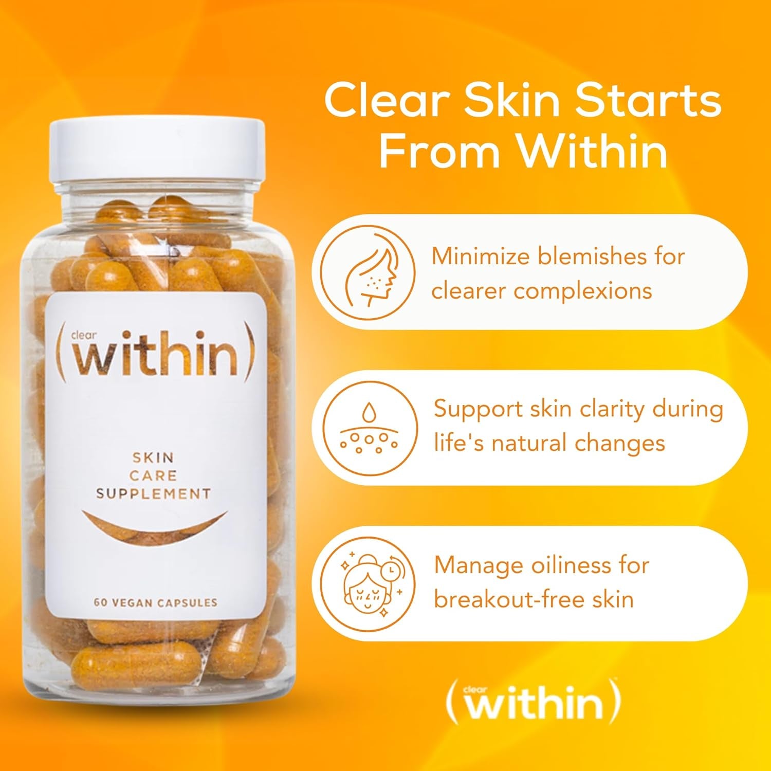Clear within Clear Skin Vitamin - with 10 Natural Ingredients for Acne-Free, Clearer Complexion, Oil Control & Blemish Minimization. Supports Skin Clarity | Non-Synthetic 60 Cap/Bottle
