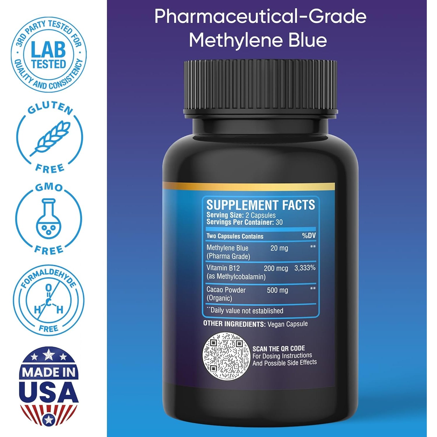 BETTER LIFE LAB Methylene Blue Capsules 60 Count - Pharmaceutical Grade USP for Brain Energy and Cellular Health - Mental Clarity Support Supplement