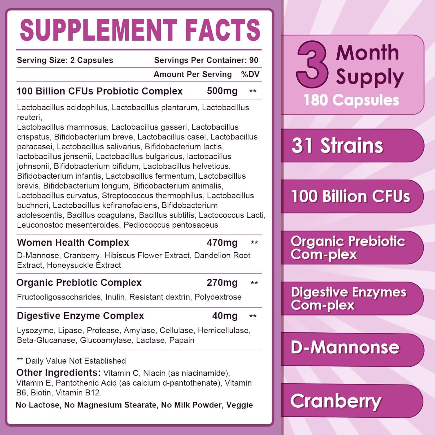 NATURE TARGET Probiotics for Women, 100 Billion Cfus Probiotic with Digestive Enzymes & Prebiotics, Vaginal Probiotics with Cranberry for Urinary Tract Health, Ph Balance, 180 Veggie Capsules