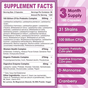 NATURE TARGET Probiotics for Women, 100 Billion Cfus Probiotic with Digestive Enzymes & Prebiotics, Vaginal Probiotics with Cranberry for Urinary Tract Health, Ph Balance, 180 Veggie Capsules