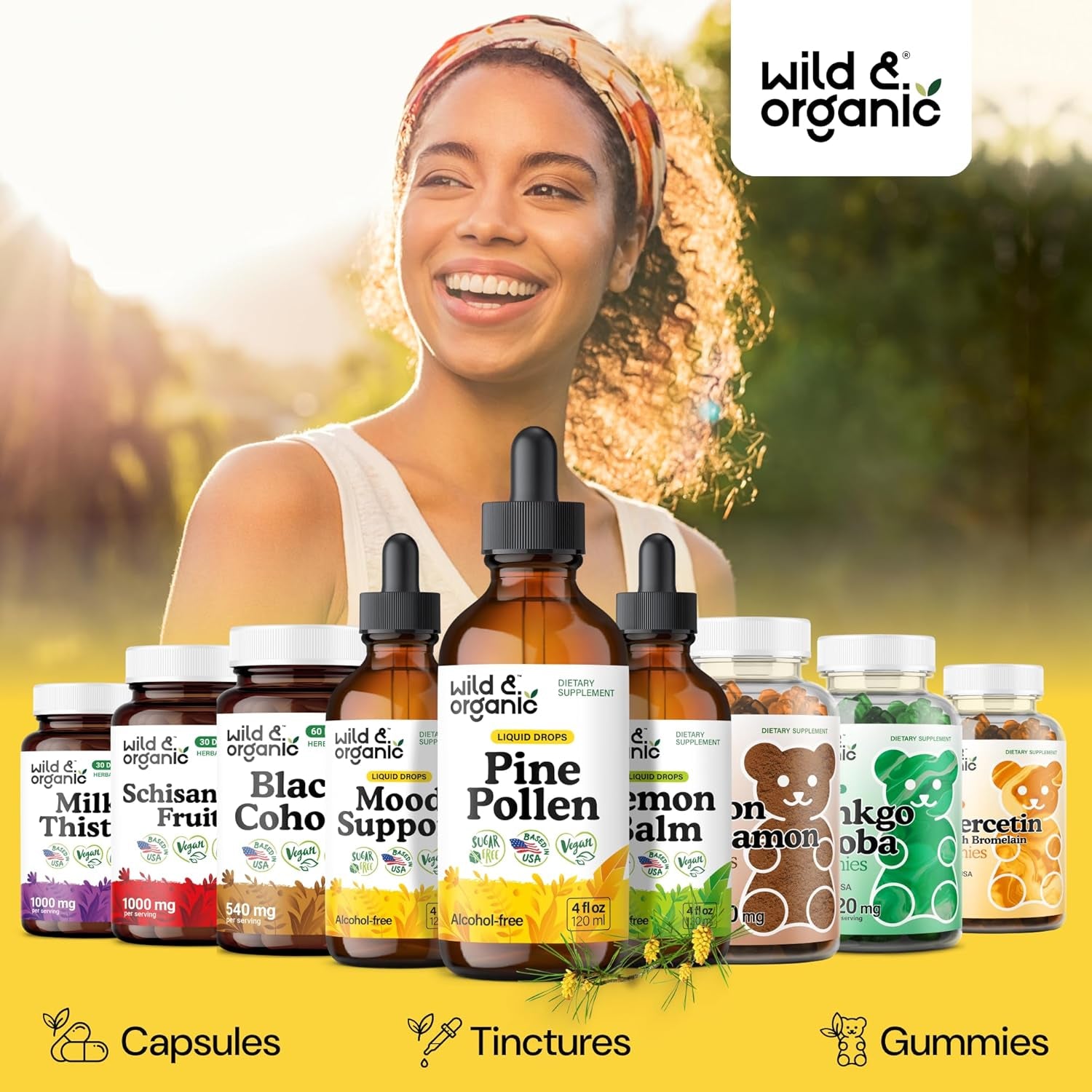 Wild & Organic Pine Pollen Tincture - Pine Pollen for Men & Women - Add to Tea & Drink - Pure Pinus Massoniana Extract Drops - Vegan, Sugar & Alcohol-Free Liquid Supplement - 4 Fl Oz