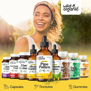 Wild & Organic Pine Pollen Tincture - Pine Pollen for Men & Women - Add to Tea & Drink - Pure Pinus Massoniana Extract Drops - Vegan, Sugar & Alcohol-Free Liquid Supplement - 4 Fl Oz