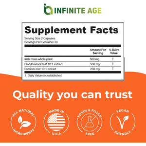INFINITE AGE 1250Mg Sea Moss Advanced Superfood Capsules, 60 Count - High-Potency, Vegan, Made in the USA - Irish Seamoss, Bladderwrack, Burdock Root - Overall Health, Immunity Support