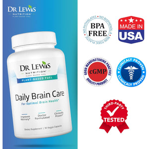 Dr Lewis Daily Brain Care Capsules - Brain Supplements for Memory and Focus with Aloe Vera - Plant-Based Nootropic and Energy Supplement for Brain Fog, Mental Clarity, and Immune Support - 90 Capsules