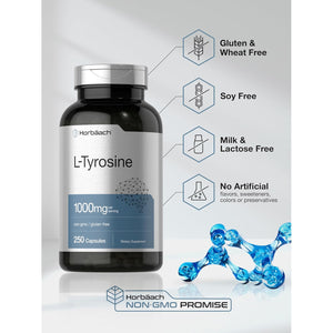 Horbäach L-Tyrosine 1000Mg | 250 Capsules | Amino Acid Supplement | Non-Gmo & Gluten Free