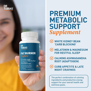 Dr. Tobias Fat Burner Nightly - Night Time Metabolic Support with White Kidney Bean Extract, Ashwagandha Root, Green Coffee Bean Extract & Melatonin | Non-Gmo (60 Capsules 30 Day Supply)