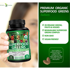 Potent Garden Organic Superfood Greens, Fruit and Veggies Supplement Rich in Vitamins & Antioxidants with Alfalfa, Beet Root & Tart Cherry to Boost Energy, Immunity & Gut Health, Greens Tablets 60 Ct