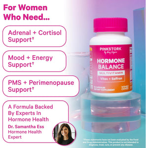 Pink Stork Hormone Balance Multivitamin for Women | 18-In-1 Vitex, Saffron, Ashwagandha, Magnesium | Mood, Energy, Cortisol, Adrenal Support | PMS, Perimenopause Support | 60 Vegan Capsules