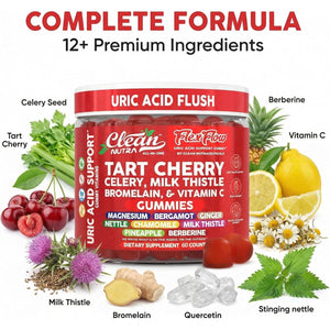 Clean Nutra Tart Cherry Gummies Uric Acid Flush Celery Milk Thistle Bromelain Vitamin C Magnesium Citrus Bergamot Ginger Stinging Nettle Leaf Chamomile Berberine Quercetin Support 60 Gummy Vitamins