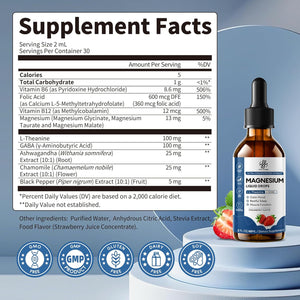 Liquid Magnesium Glycinate Drops for Sleep Support & Nighttime Calm,Magnesium Drops with Chamomile, Ashwagandha, L-Theanine & GABA for Relaxation Support, Gentle Absorption, Strawberry Flavor, 2 Fl Oz