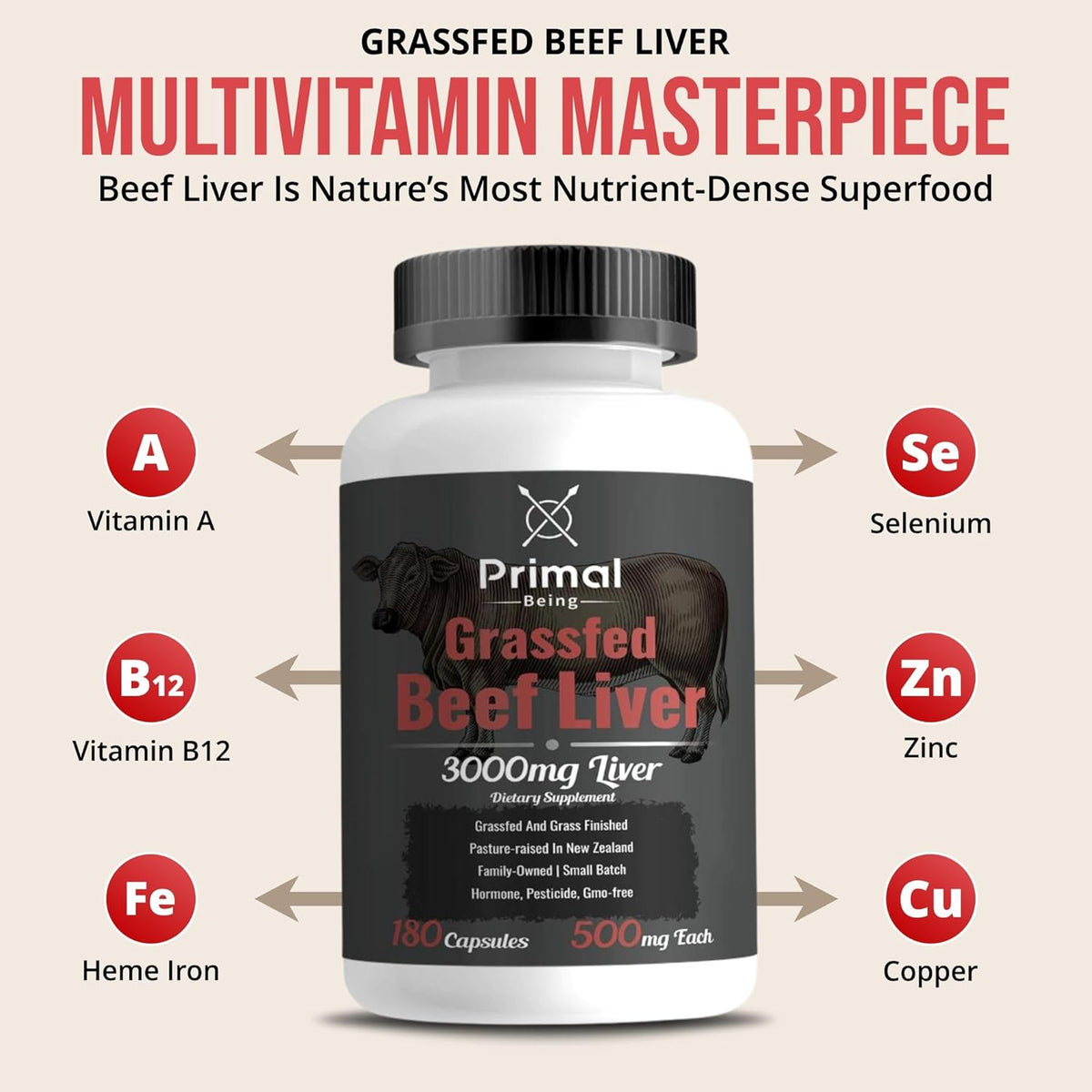 Primal Being Grassfed Beef Liver - 3000Mg Freeze Dried Capsules - Pasture Raised in New Zealand - Natural Beef Organ Supplement - Liver Supplement for Energy and Wellness - 180 Count