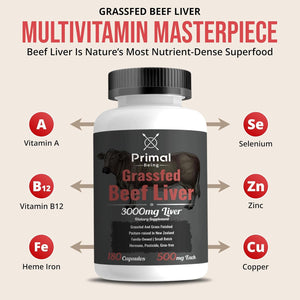 Primal Being Grassfed Beef Liver - 3000Mg Freeze Dried Capsules - Pasture Raised in New Zealand - Natural Beef Organ Supplement - Liver Supplement for Energy and Wellness - 180 Count