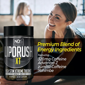 LIPORUSH NDS Nutrition XT - Super Concentrated Thermogenic with L-Carnitine & Teacrine for Shredding Fat - Supports Maximum Energy, Focus, Calorie Burning, Diuretic, Appetite Control (60 Capsules)
