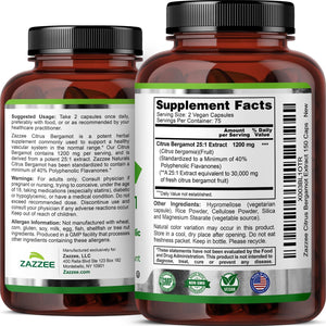 Zazzee Citrus Bergamot 25:1 Extract, 1200 Mg per Serving, 40% Polyphenolic Flavanones, 150 Vegan Capsules, 5 Month Supply, Citrus Bergamia, Antioxidant Support, Certified Kosher, Non-Gmo, Made in USA