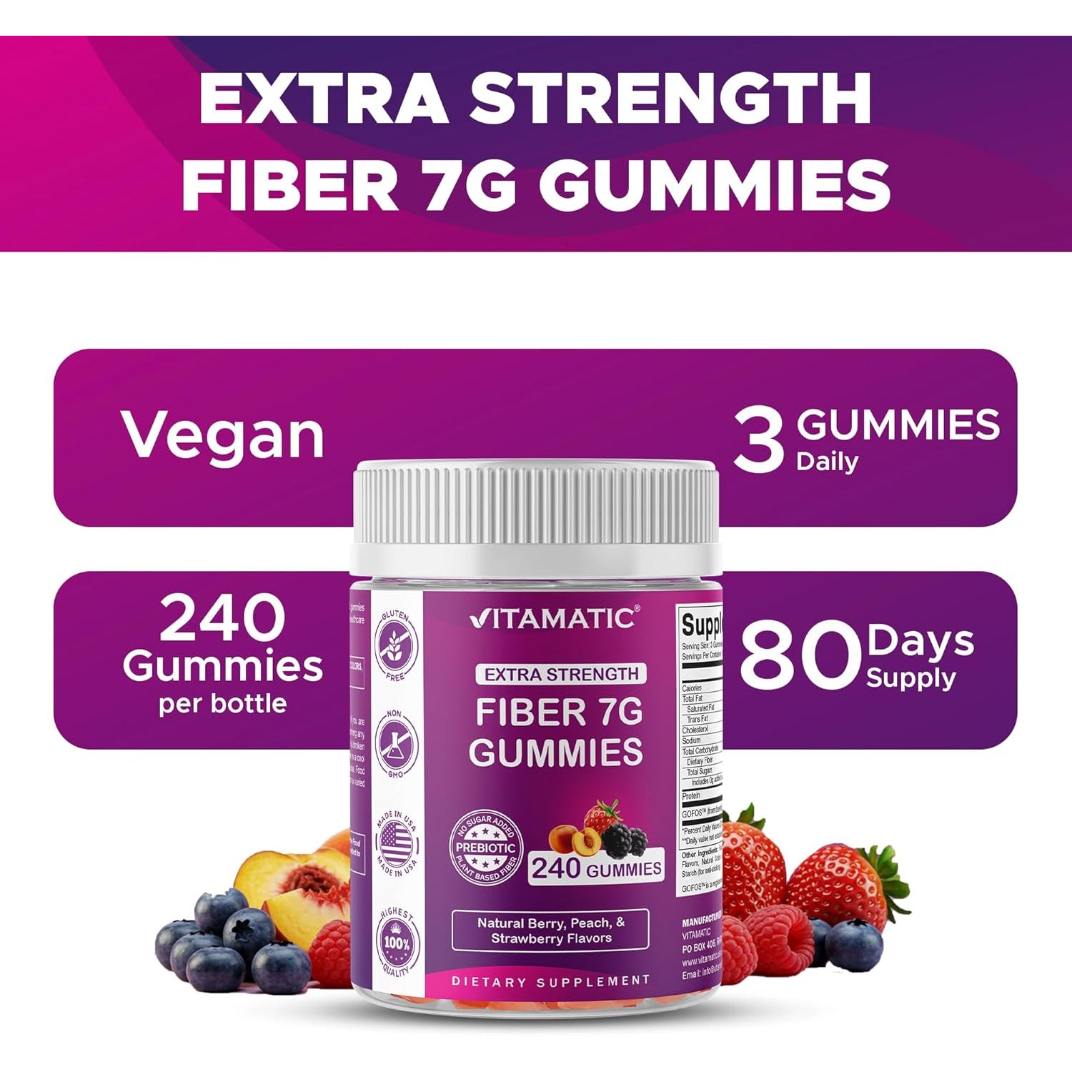 Vitamatic Prebiotic Fiber Gummies for Adults, 7G Extra Strength, Zero Sugar Added, 240 Pectin Based Gummies, Digestive Health & Regularity Support