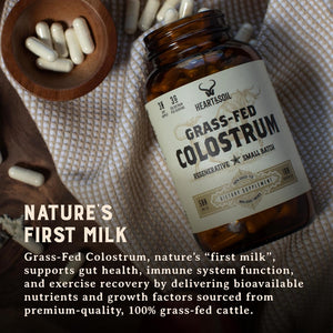 HEART & SOIL 100% Grass Fed & Finished Colostrum Supplement from Regenerative Cattle for Gut, Muscle & Immune Health – 3000Mg Bovine Colostrum Capsules - Gut Health for Men & Women –180 Capsules
