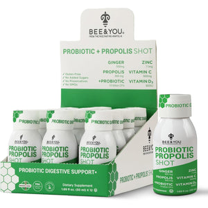 Bee and You Propolis Immune Shot, Probiotic, Vitamin C, Vitamin D3, Zinc, Ginger, Immune Support, Gut Health, Digestive Health, Bioactive 1.69 Fl. Oz, 12 Pack