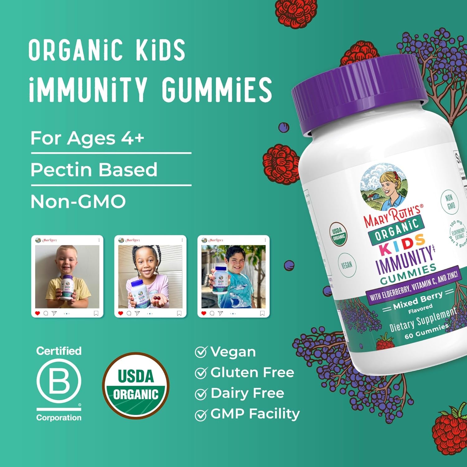 Maryruth Organics Kids Immune Support Gummies | USDA Organic | Vitamin C, Zinc, and Elderberry Gummies for Kids| Immune Support for Ages 4+ | Vegan | Non-Gmo | Gluten Free | 60 Count