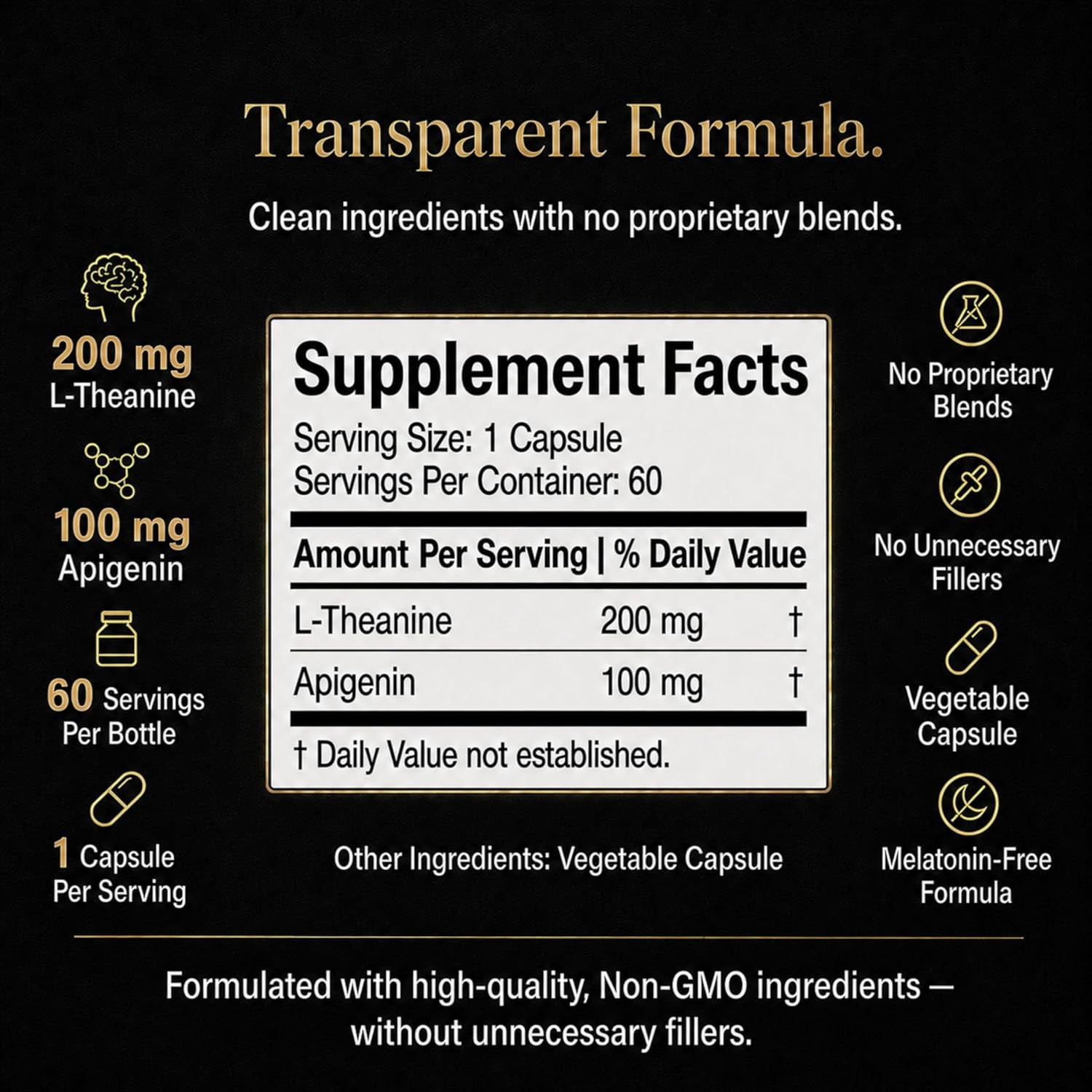 Apigenin 100Mg with L-Theanine 200Mg Supplement Capsules for Sleep Support, Relaxation, Clarity & Calm | Melatonin Free | 60 Vegan Capsules