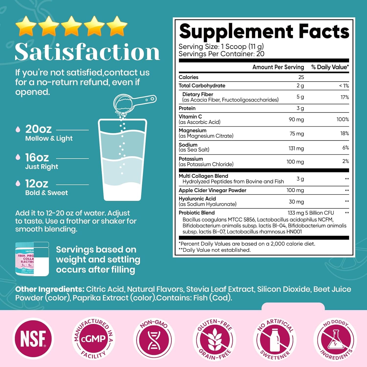 6-In-1 Daily Prebiotic Fiber Powder for Gut & Digestive Health, GLP-1 Friendly, Sugar Free Fiber Supplement Powder with Probiotics, Collagen Peptides & Electrolytes - for Women & Men - 7.8 OZ