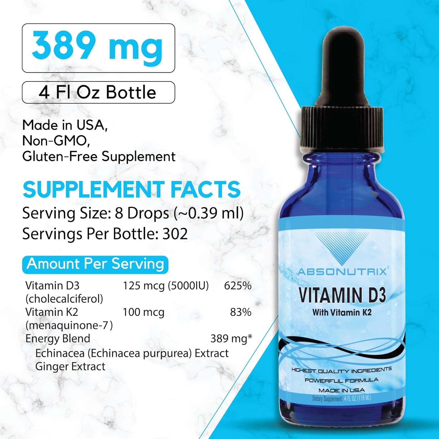 Vitamin D3 K2 Drops, 390Mg, 4 Oz Liquid, 302 Servings, Made in USA, Quick Absorption, Quality Potent Ingredients, Non-Gmo, GMP Certified, Cruelty-Free Products, Bone Strength Supplements