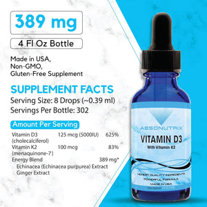 Vitamin D3 K2 Drops, 390Mg, 4 Oz Liquid, 302 Servings, Made in USA, Quick Absorption, Quality Potent Ingredients, Non-Gmo, GMP Certified, Cruelty-Free Products, Bone Strength Supplements