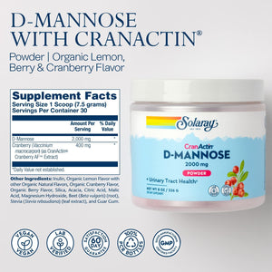 SOLARAY D-Mannose with Cranactin Cranberry AF Extract Powder, 2000 Mg, 400 Mg of Cranberry Extract, Healthy Urinary Tract Support, Organic Natural Flavors, 30 Servings, 8 Oz