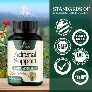 Nature'S Nutrition Adrenal Support Supplements Cortex Complex, Best Energy Supplement, Supports Health & Energy Levels, Daily Ashwagandha for Women & Men, Supports Immune System, 120 Capsules